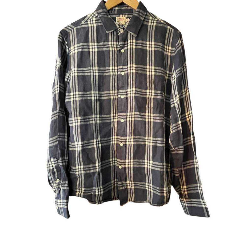 Faherty Brand Mens Navy Blue White Plaid 100% Linen Long Sleeve Shirt Size‎ M